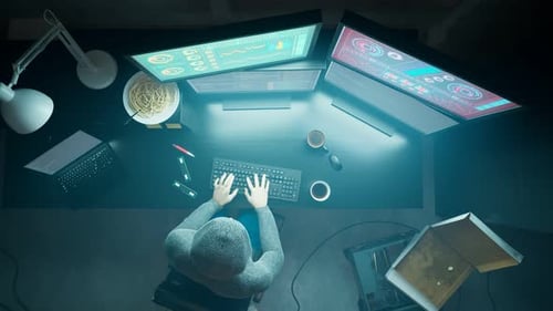 Overhead View of Person Working with Multiple Data Screens