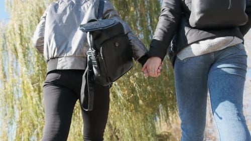 Two Young Women Walk Each Other By Hand in an Autumn Park Slow Motion