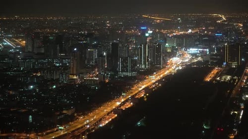 View of The Night City with Skyscrapers and Traffic
