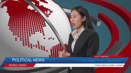 Side View Of Live News Studio With Asian Female Anchor Reporting On The Events Of The Day