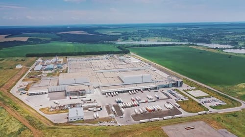 Aerial Shot of Industrial Warehouse. Storage Building