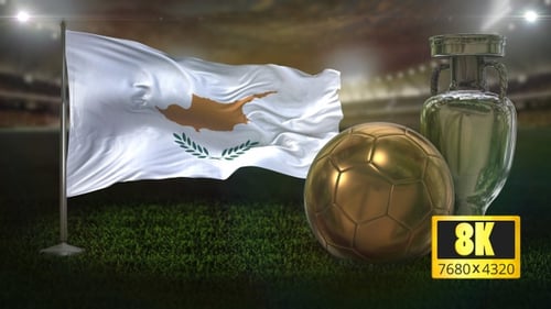 Cyprus Flag Waving with Gold Soccer Ball and Silver Trophy