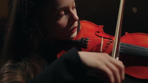 Pretty Woman Fiddler in Symphonic Orchestra on Scene of Music Hall Lady is Playing Violin or Viola
