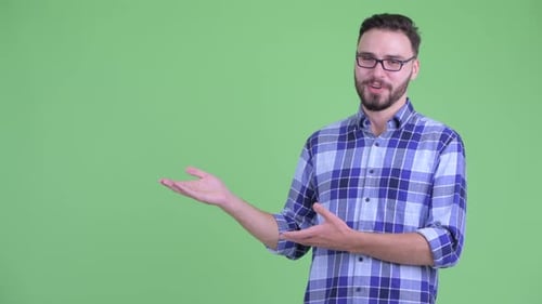 Bearded Man Gesturing and Smiling on Green Screen