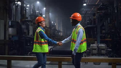 Factory Workers Shake Hands in Industrial Setting