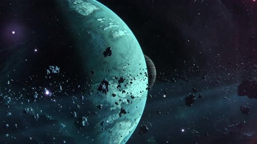 Rotating Planet and Asteroid Field in Deep Space