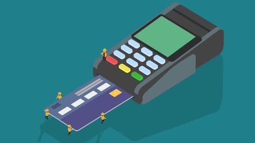 Small people carrying bank card, putting it into the reader and entering a PIN.