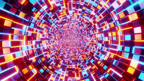 Flying into tunnel, sci-fi spaceship corridor. Futuristic technology abstract seamless
