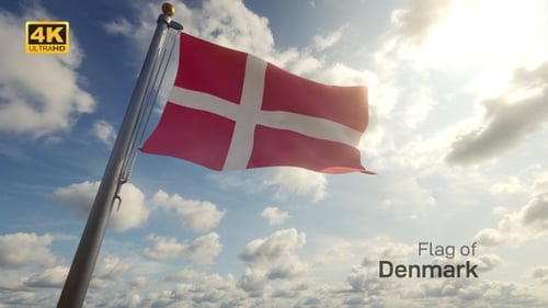 Realistic Denmark Flag Waving on a Pole Against Blue Sky