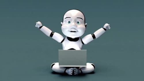 Baby Robot Triumphantly Raises Arms with Laptop