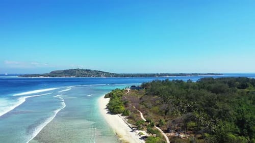 Aerial above texture of relaxing coast beach trip by aqua blue lagoon with white sand background of