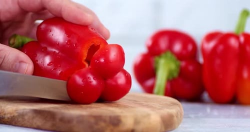 Slicing Red Bell Pepper in the Kitchen