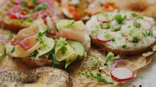 Variety of Bagel Sandwiches Panning Shot