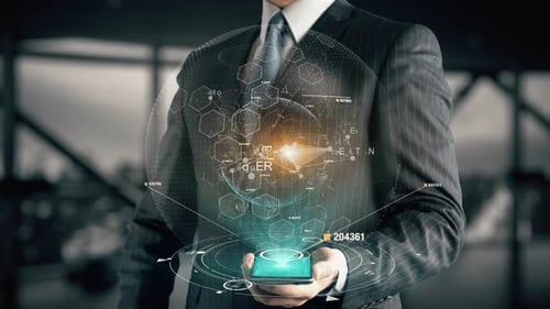 Businessman with Safety First Hologram Concept