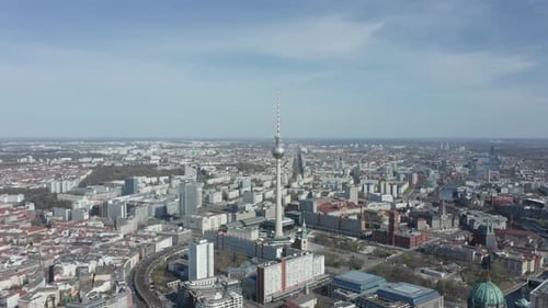 AERIAL: Wide View of Empty Berlin, Germany Alexanderplatz TV Tower with Almost No People or Cars on