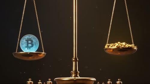 Antique Jewelry scale with gold nuggets and Bitcoin .Balance, wealth, crypto