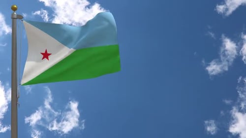 Djibouti Flag Waving on Flagpole in Blue Sky Loop