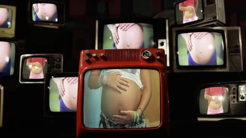 Pregnant Person Showing Bare Belly on Retro TVs