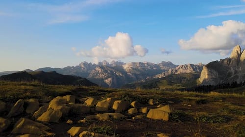 Bright morning spectacular scenery of Dolomites mountain peaks, valley, aerial