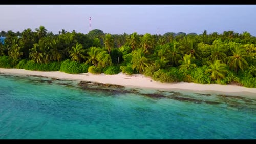 Aerial top down landscape of tropical island beach trip by turquoise ocean with white sand backgroun