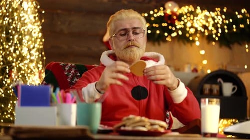 Festive Man Enjoys Cookies and Milk at Christmas