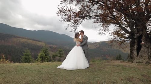 Lovely Young Newlyweds Bride and Groom Embracing Making a Kiss on Mountain Slope Wedding Couple