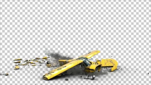 Yellow Single-Engine Airplane Crash with Smoke and Fire