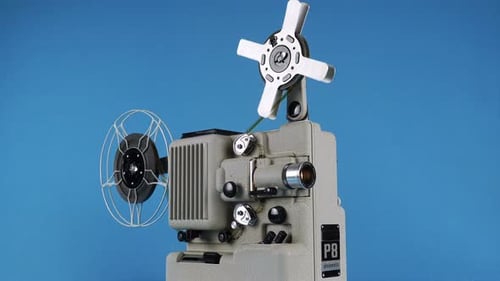 Vintage Film Projector Operation on Blue Background