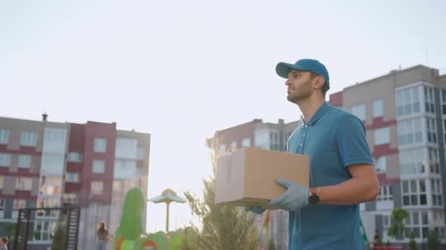 Blue Delivery Man Send a Package to Customer on Before Deliver Cargo