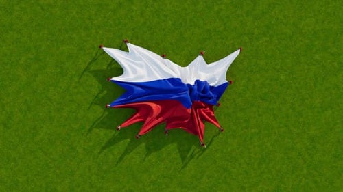 Realistic Russian Flag Unfurling Animation on Green Field