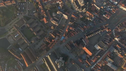 Top down aerial of Bruges near Church of Our Lady