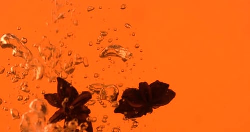 Spices and Fruit Dropping Underwater in an Orange Tint