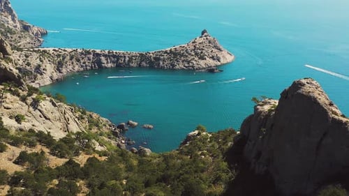 Picturesque Seascape with Bay and Reef Cliffs. View From the Drone