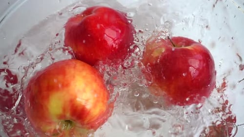 Tomber des pommes dans un bol d'eau en verre. Ralenti.