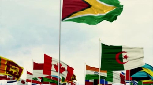 Guyana Flag With World Globe Flags Morning Shot