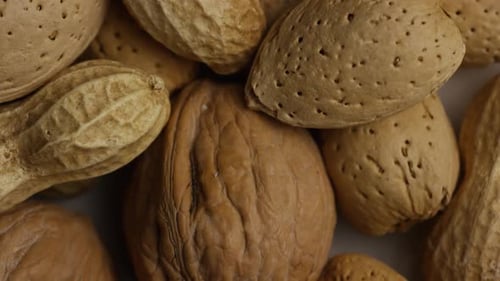 Close-up of Shelled Nuts - Almonds, Peanuts, Walnuts