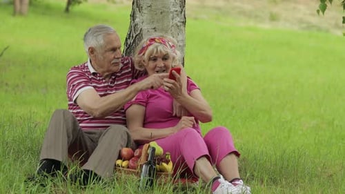 Family Weekend Picnic. Senior Old Grandparents Couple in Park Using Smartphone Online Video Call