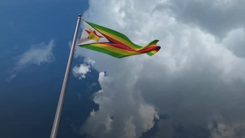 Zimbabwe Flag Waving Realistically Against a Cloudy Sky