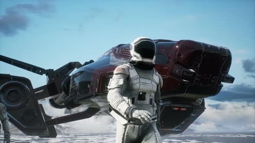 Astronauts Walking on an Icy Planet with Spaceship