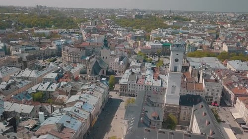Aerial City Lviv, Ukraine. European City. Popular Areas of the City. Town Hall