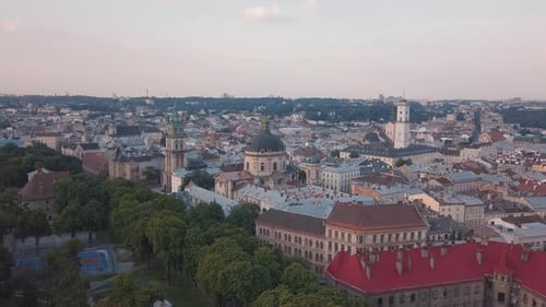 Aerial City Lviv, Ukraine. European City. Popular Areas of the City. Town Hall