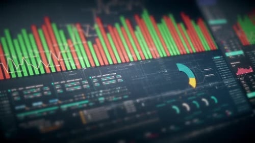 Futuristic Digital Interface with Business Data and Animated Graphs