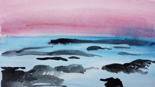 Watercolor Painting of Pink and Blue Sunrise Beach