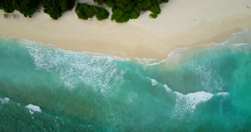 Tropical flying island view of a white paradise beach and blue water background in best quality