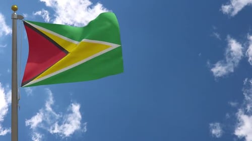 Guyana Flag Waving in Realistic Blue Sky Loop