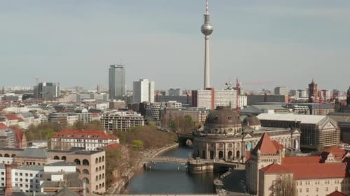 AERIAL: Wide View of Empty Berlin with Spree River and Museums and View of Alexanderplatz TV Tower