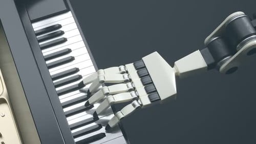 A modern robot is playing music on the piano. Fingers are moving with accuracy.