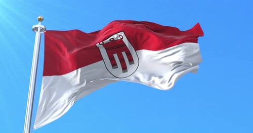 Realistic Waving Flag with Emblem Against Blue Sky