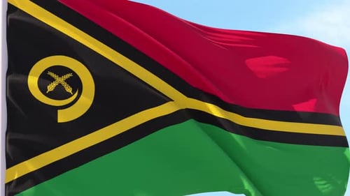 Vanuatu National Flag Waving Seamlessly Against Blue Sky