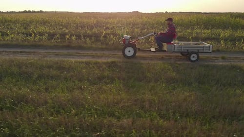 Farmer Driving Tractor on Rural Road at Sunset